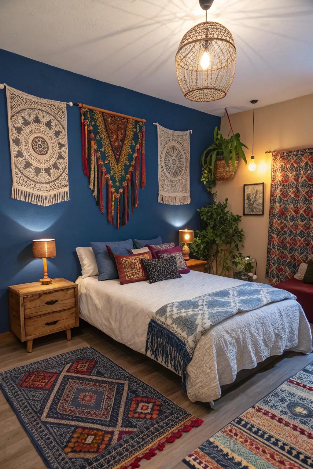 Bohemian wall decorations inject a playful flair into the royal blue bedroom.