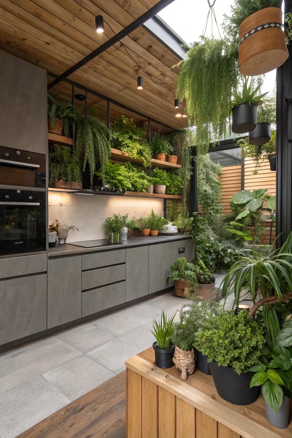 Forge a tranquil milieu via vegetation-inspired cooking space design.