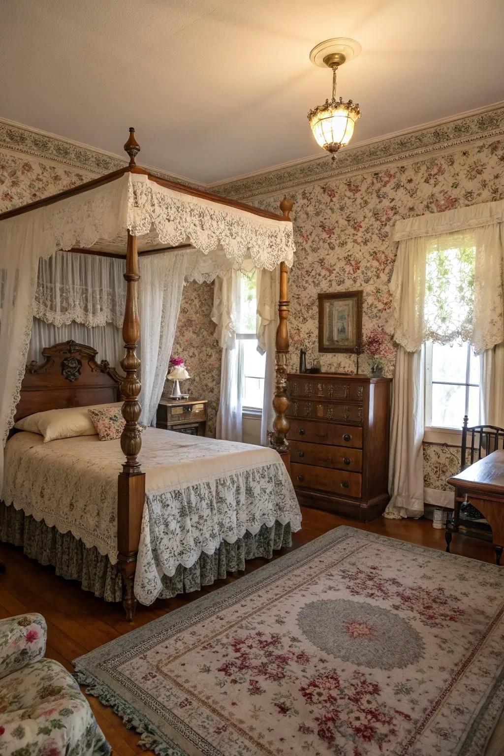 A bedroom with classic decor elements and antique furnishings.