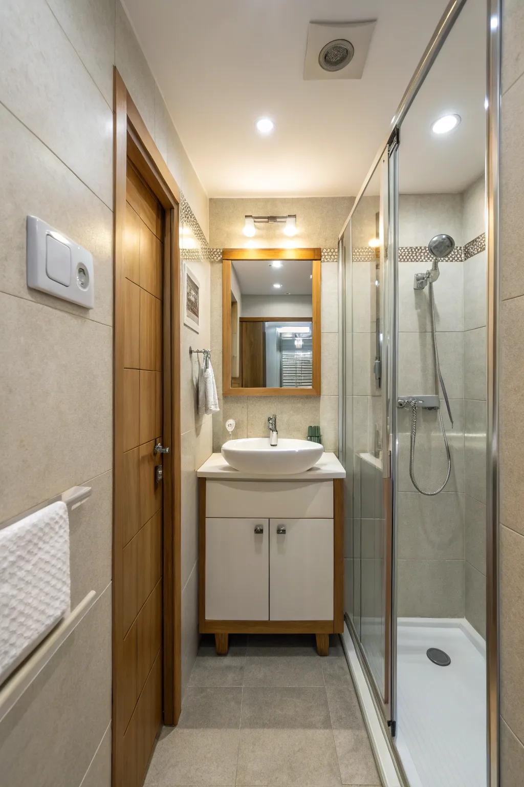 Thoughtful lighting enhances the mood and sense of space in compact bathrooms.