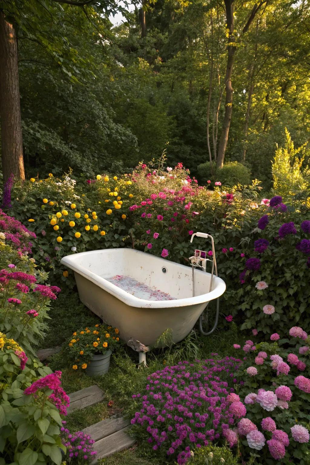 Find peace in a garden sanctuary with a floral backdrop.