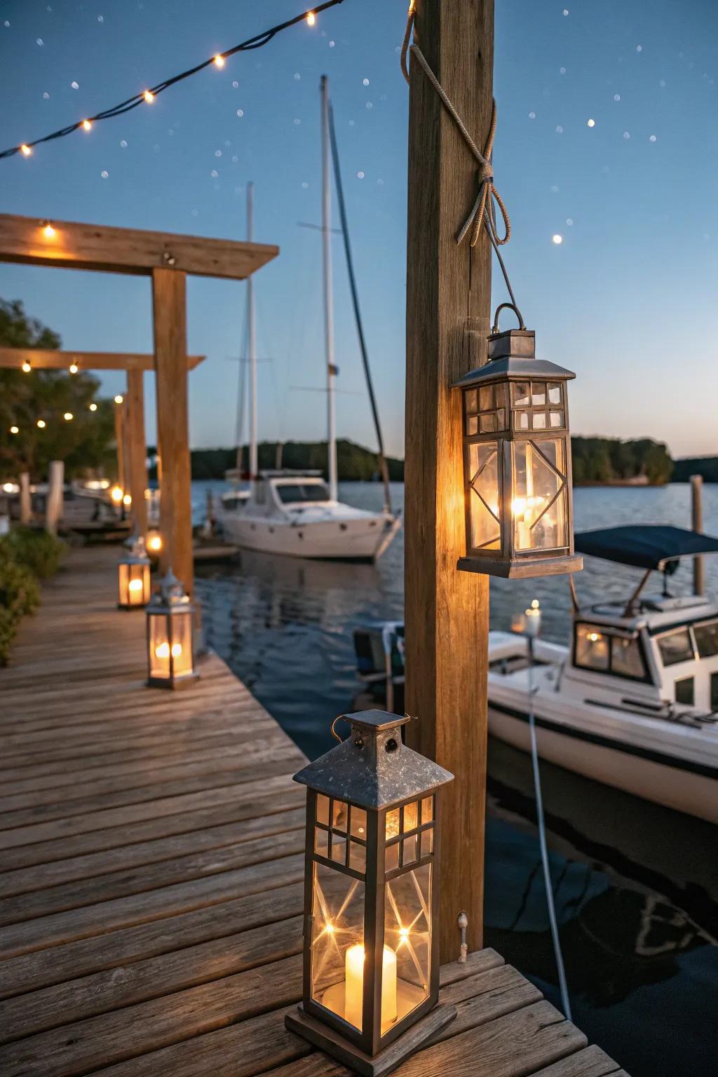 Dockside lanterns create a cozy evening ambiance.