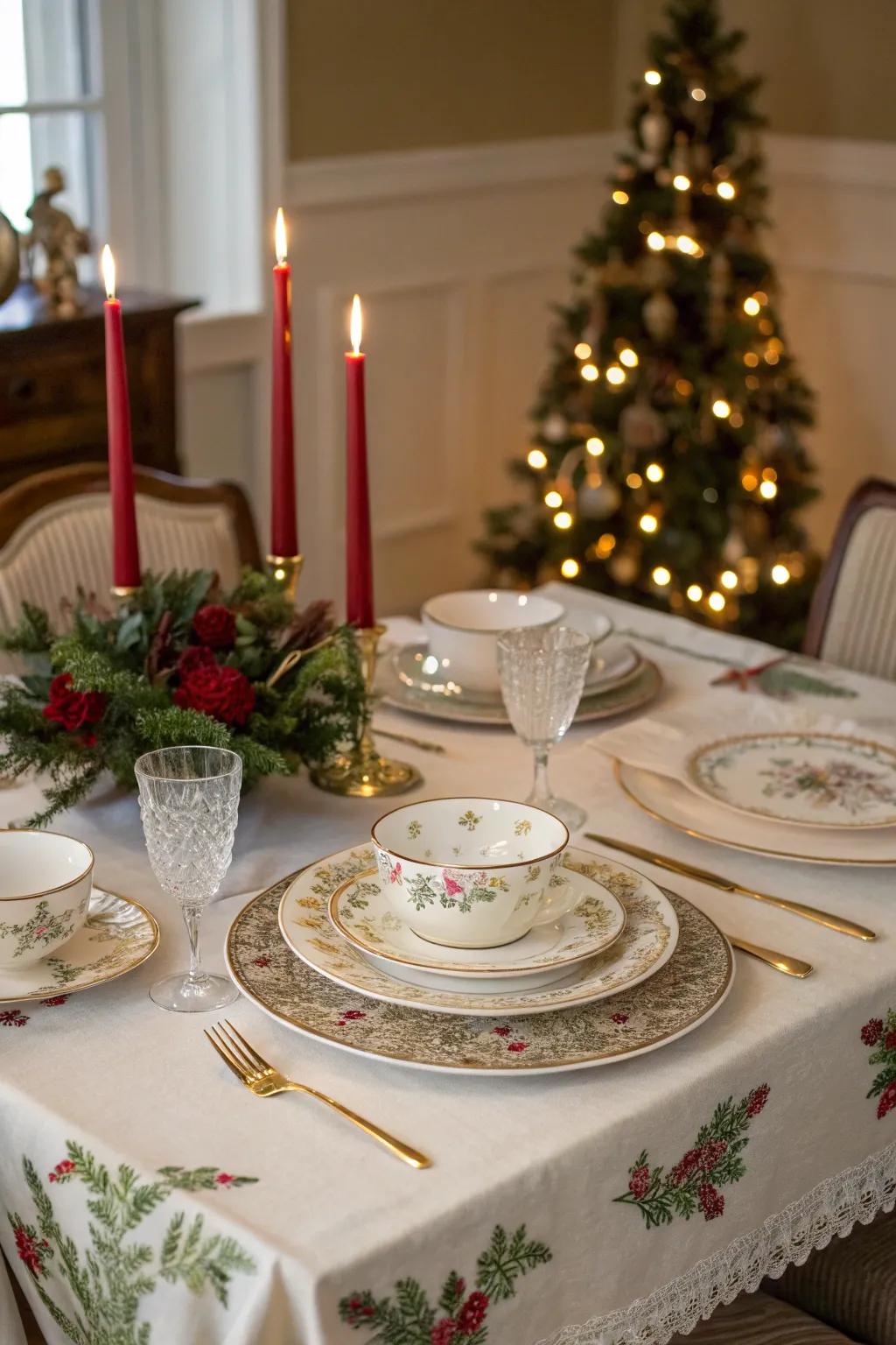Classic porcelain and graceful cloths fashion an ageless table arrangement.