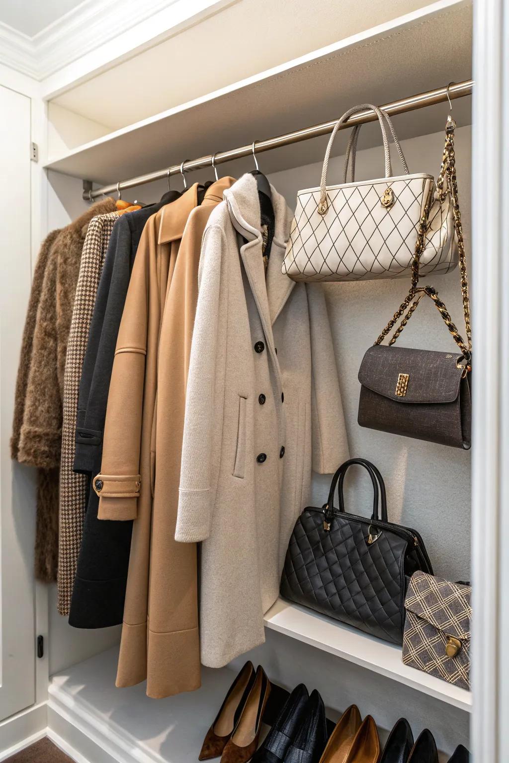 The coat closet can double as a smart storage solution for purses.