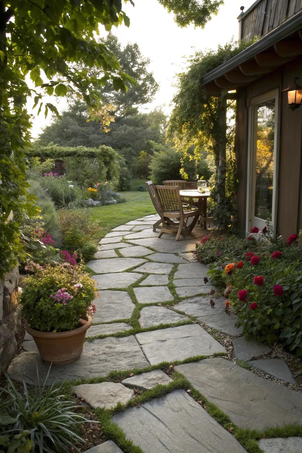 A stone footpath creates a charming patio entrance.