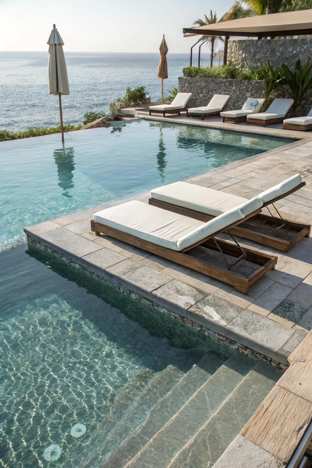 Relax on in-pool loungers for the ultimate sunbathing experience.