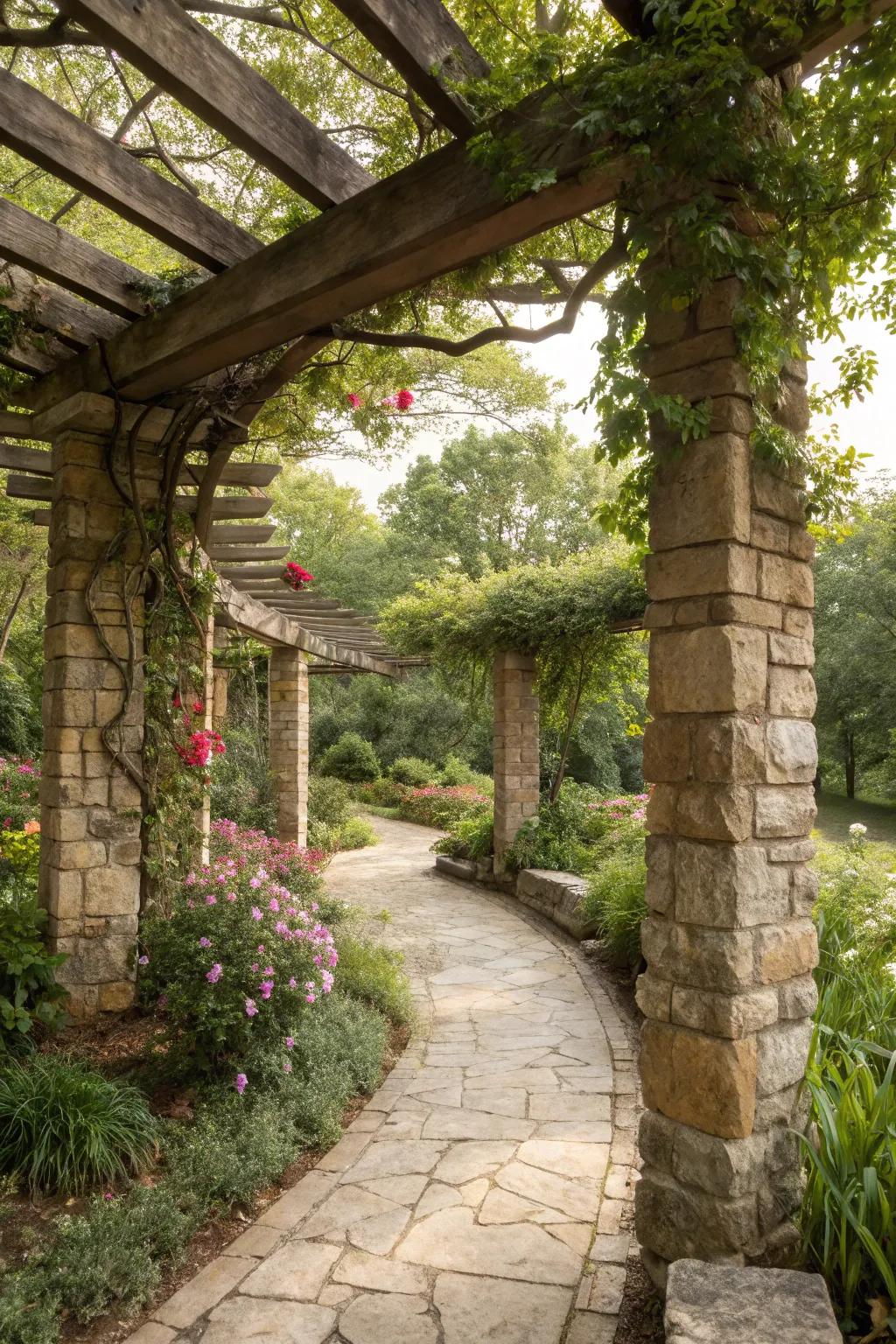 Stone accents give beauty and blend the pergola with its surrounds.
