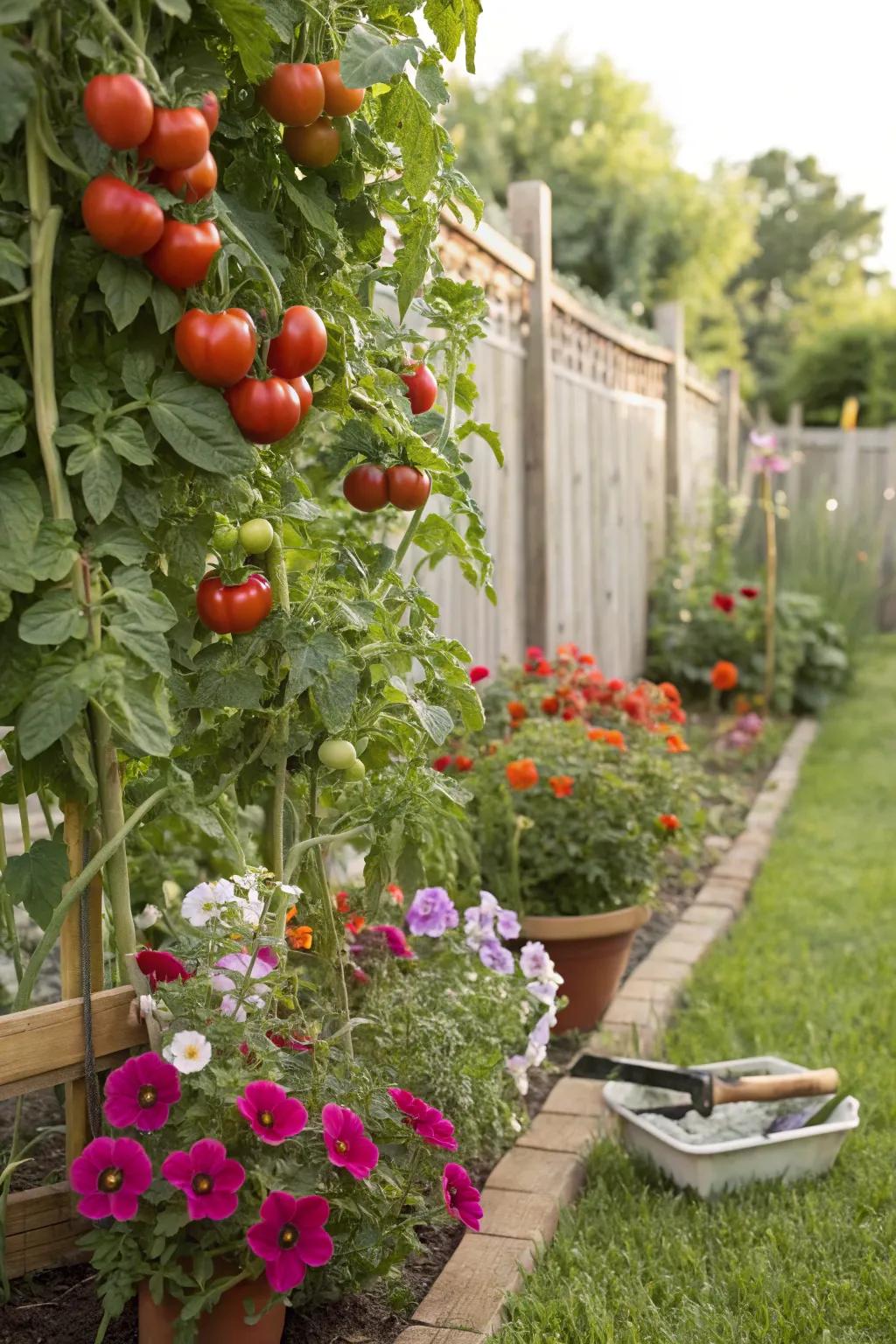Crimson orbs and petunias create a surprising yet supportive garden alliance.