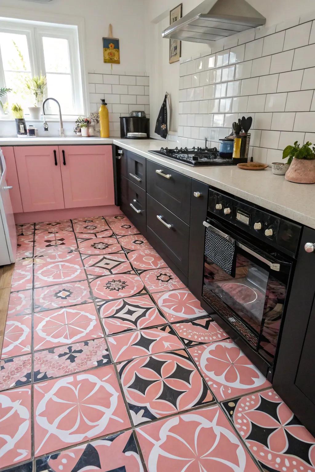 Unique tile patterns enhance the kitchen's visual interest.