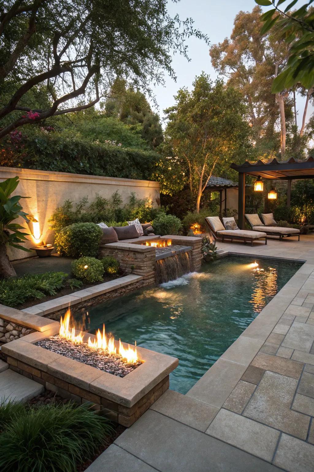 Fire and water features create an enchanting and dramatic poolside ambiance.