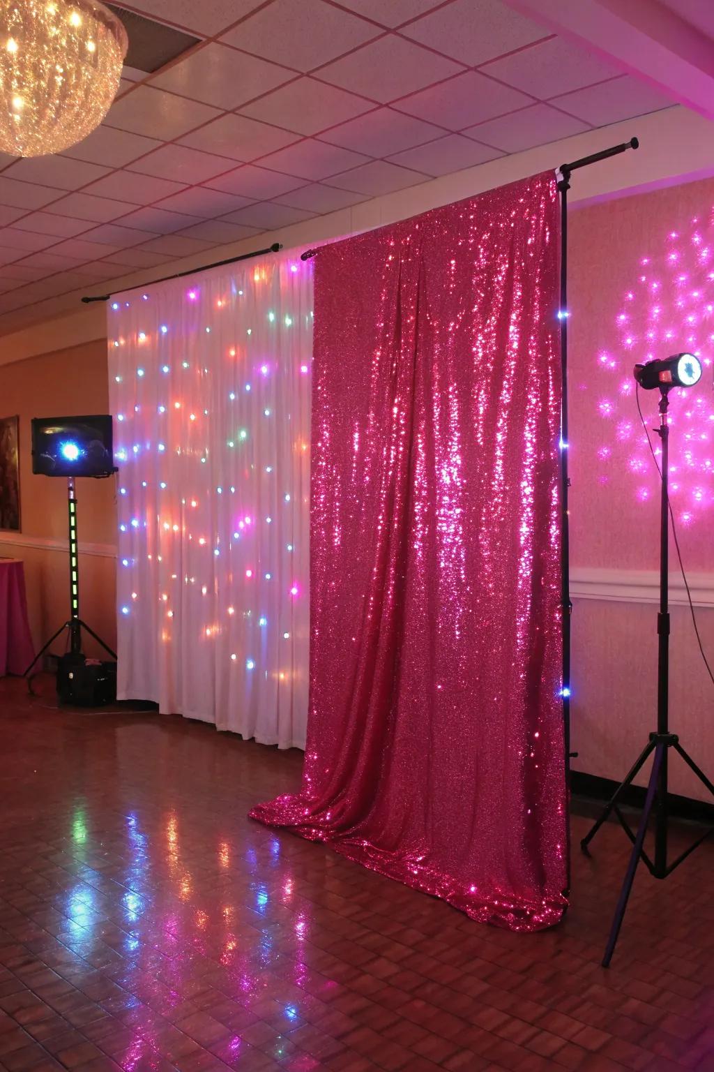 A pink sequin backdrop adds a touch of glamour to the decor.