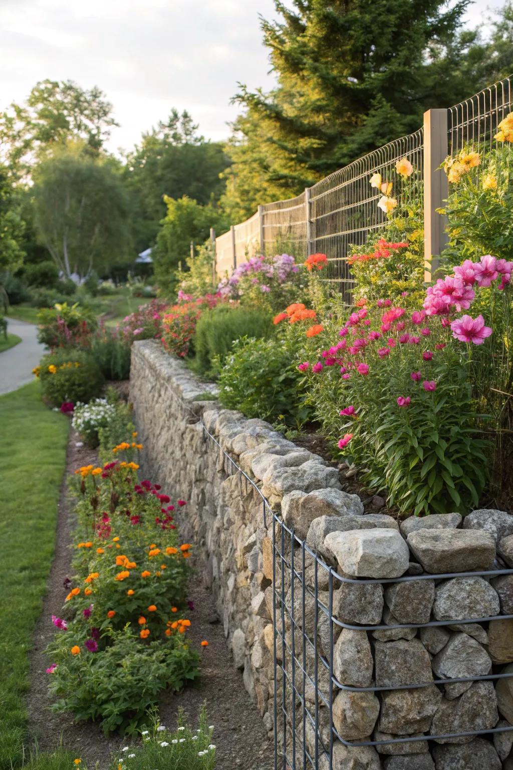 Gabion walls provide a strong and textured privacy option.