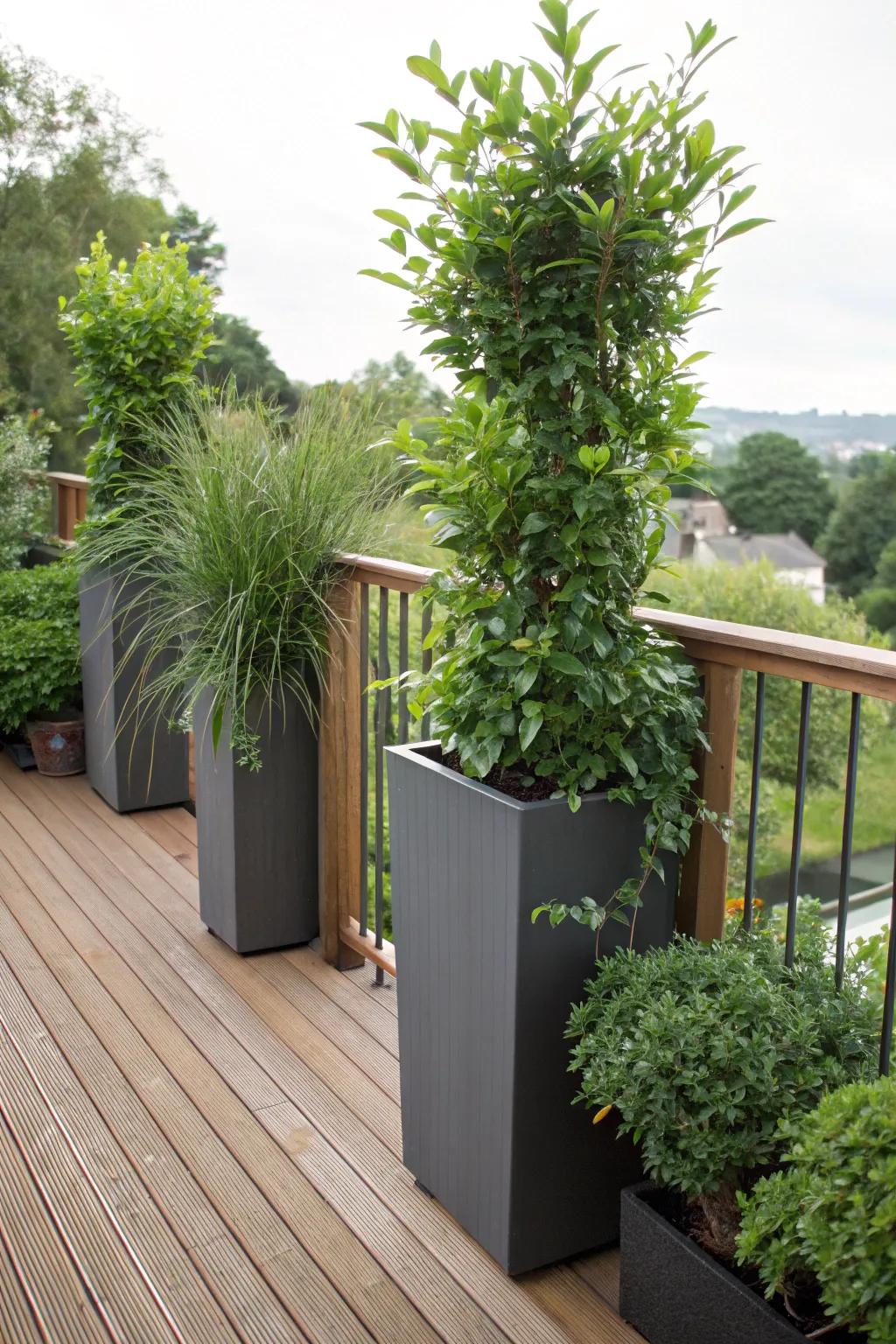 Sky-high containers serve as organic solitude barriers on a deck.