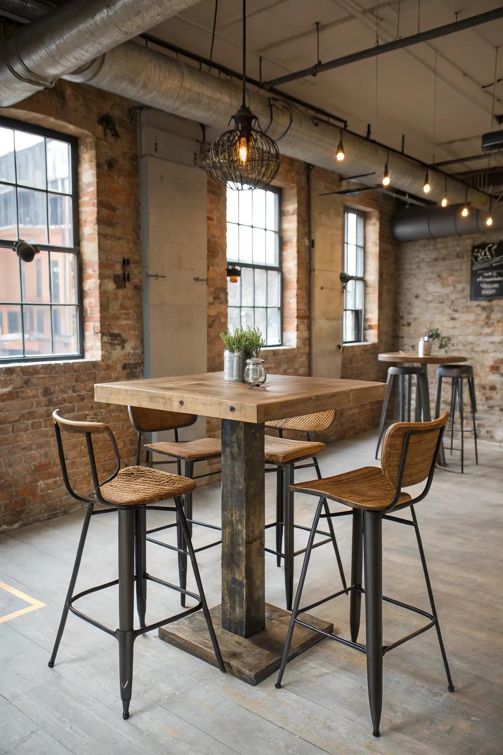 Industrial chic pub tables combine urban edge with functionality.