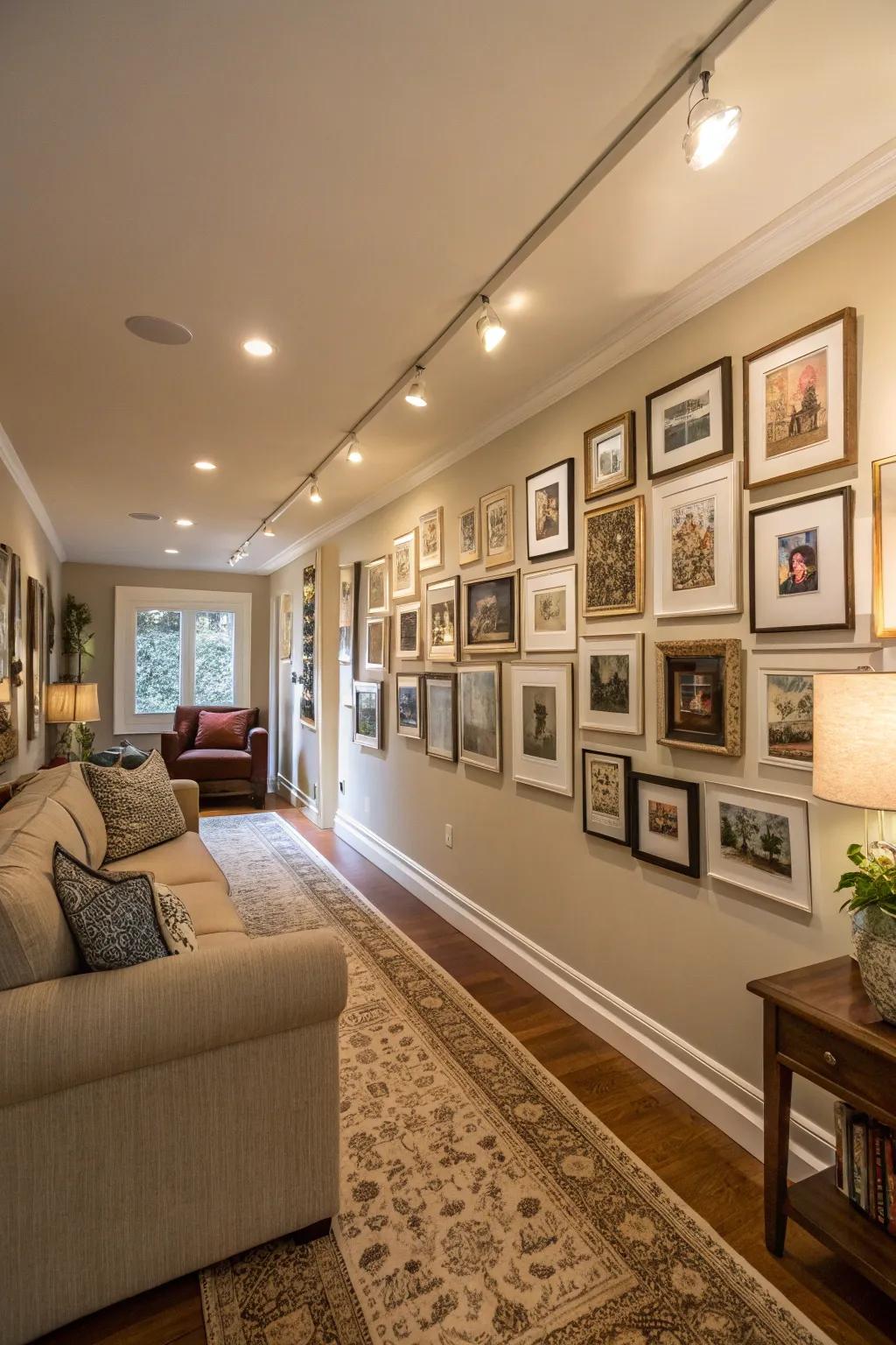An art display wall incorporates depth and a personal touch into the area.