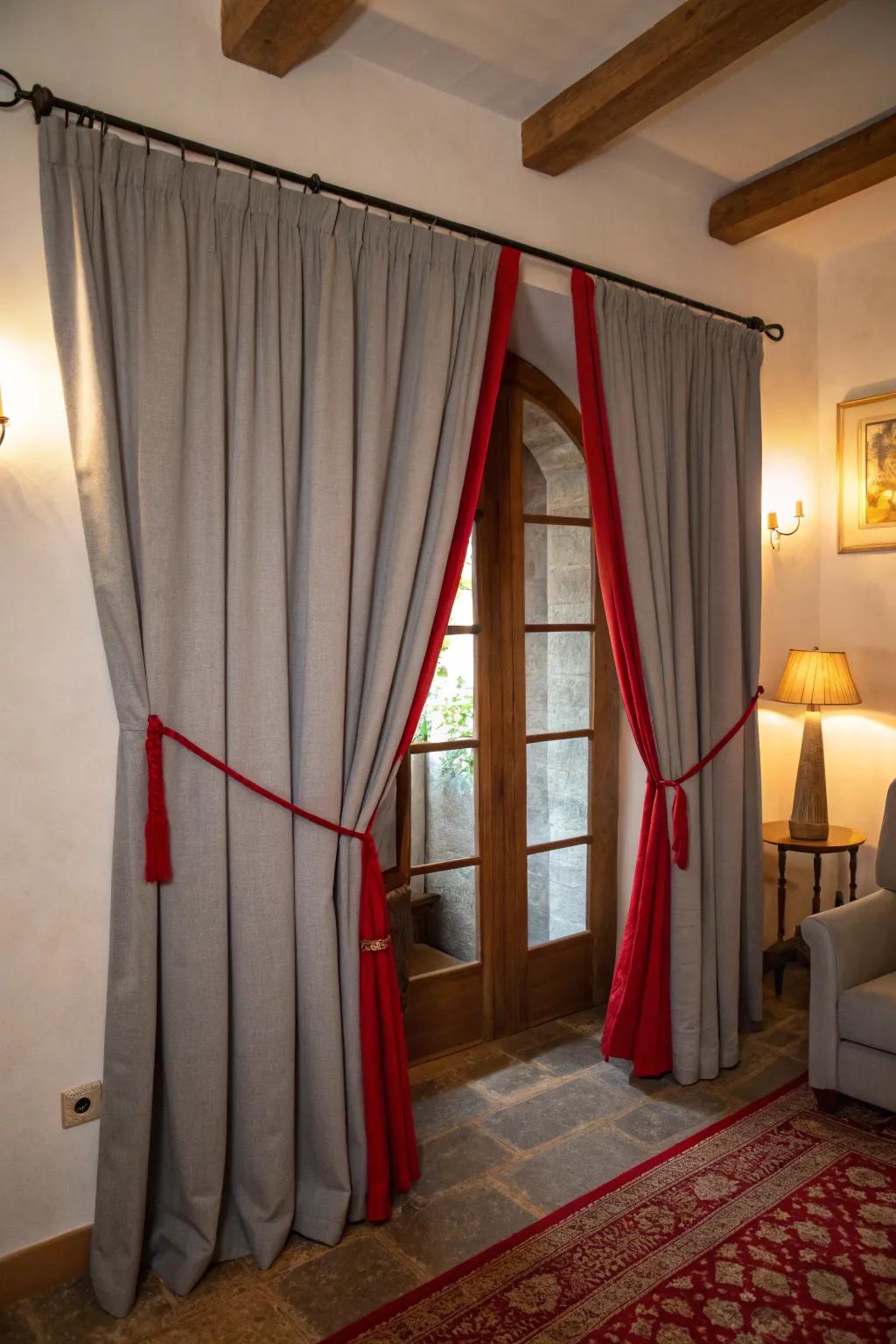 Silver drapes with scarlet tiebacks gracefully frame the windows.