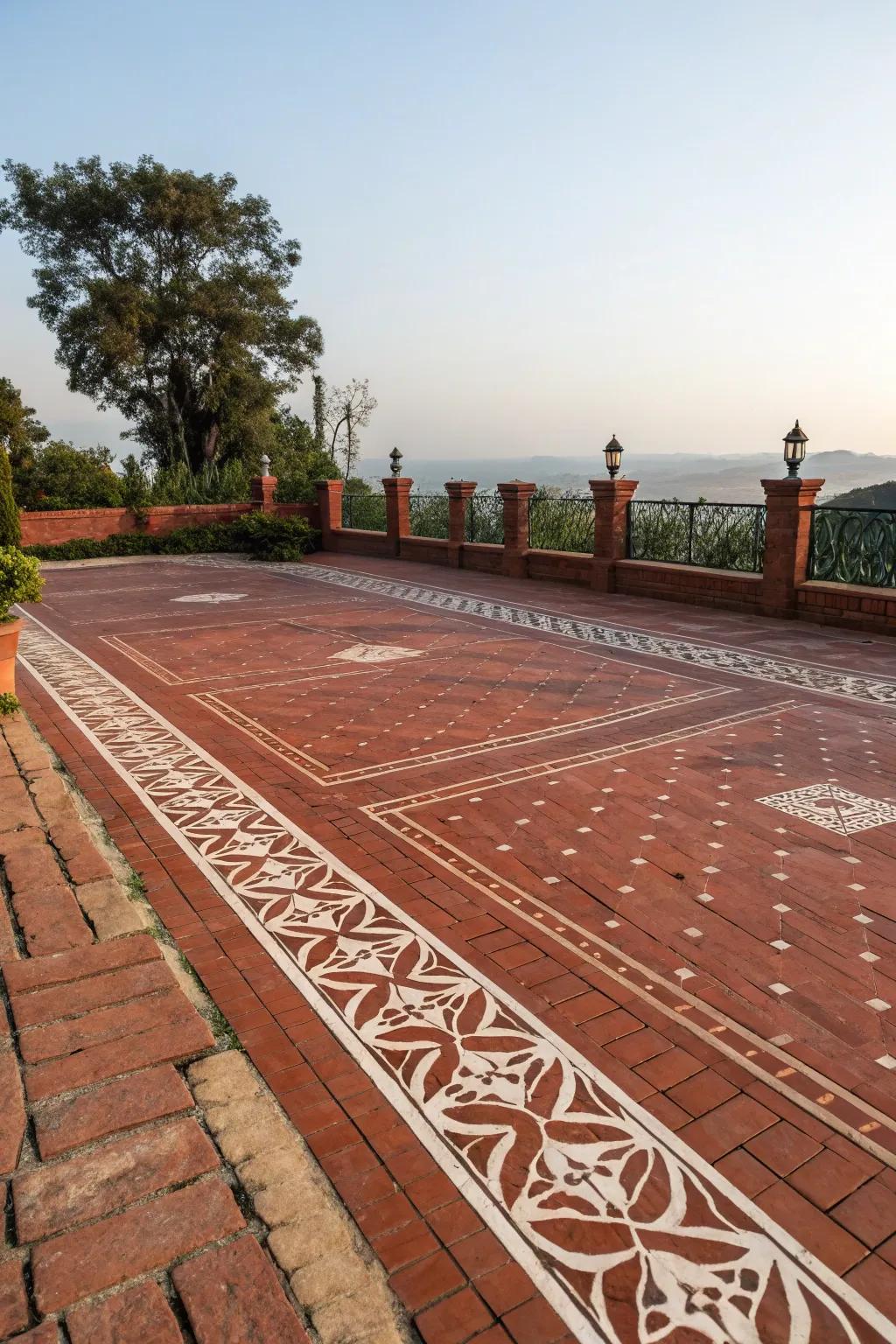A red brick patio emphasized by contrasting borders