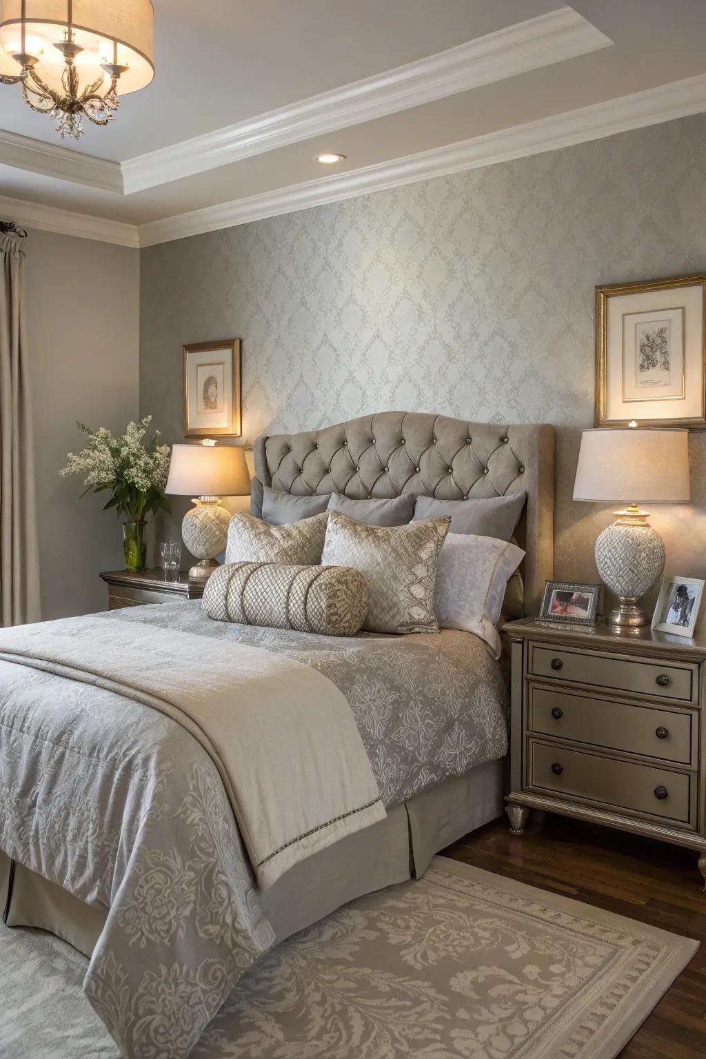 Elegant bedding complements the restful tones of Stone Echo.