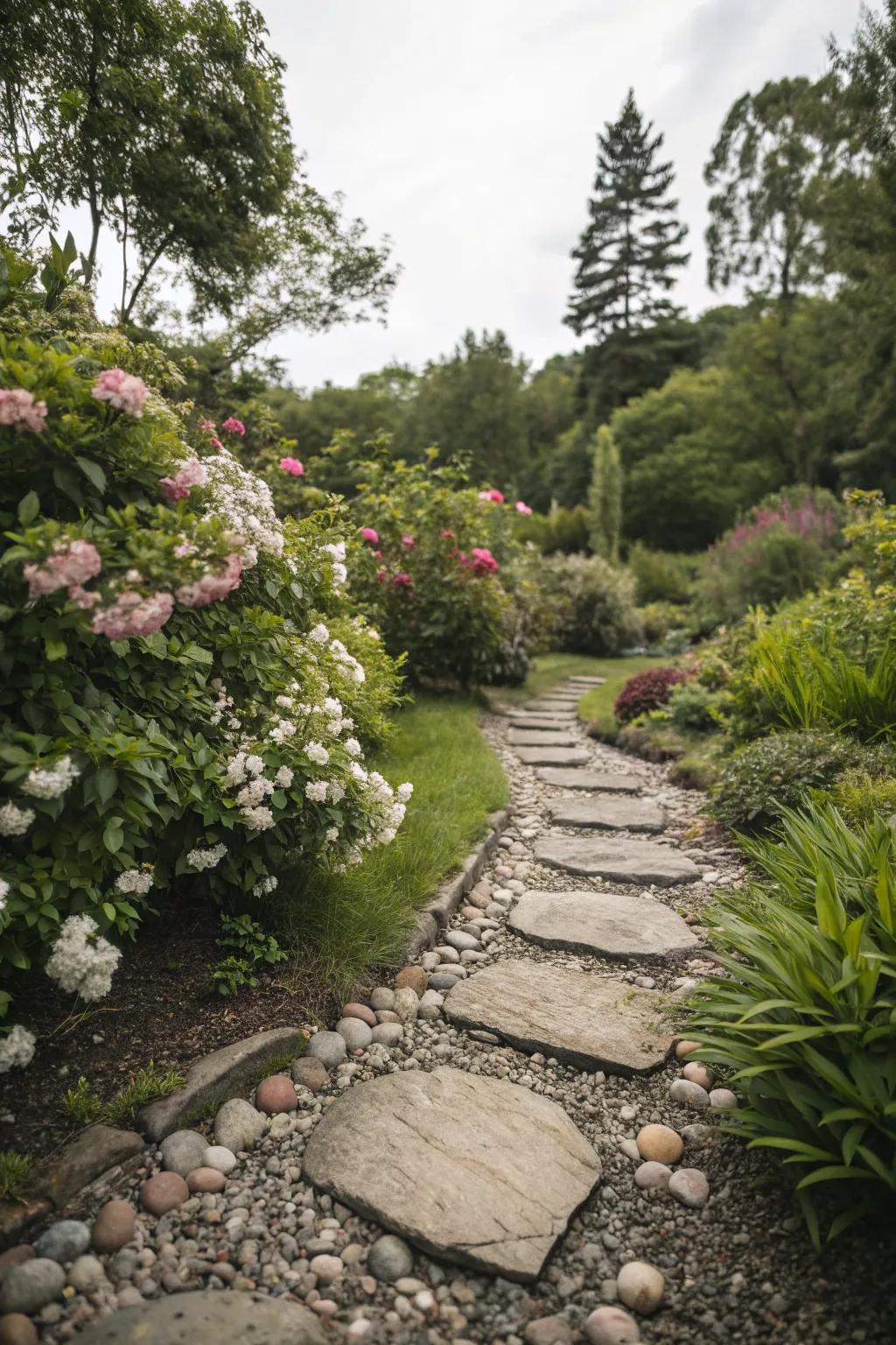 Elevate stepping stones with an edging of river rocks.