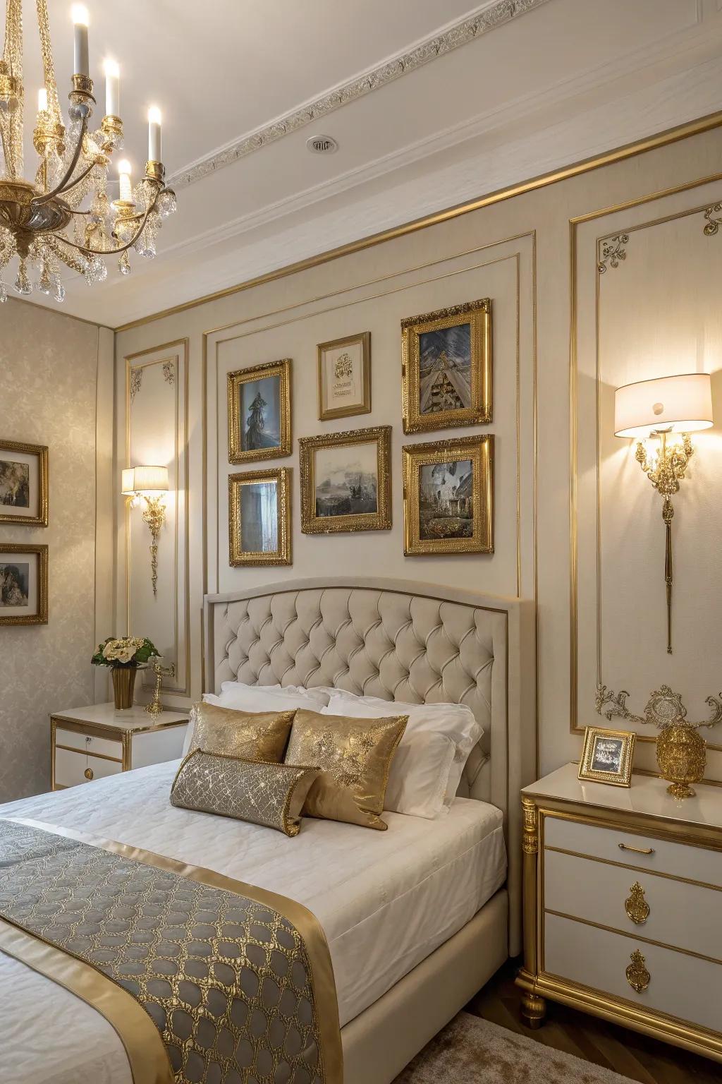 Gilded accents add a touch of opulence and elegance to this bedroom.