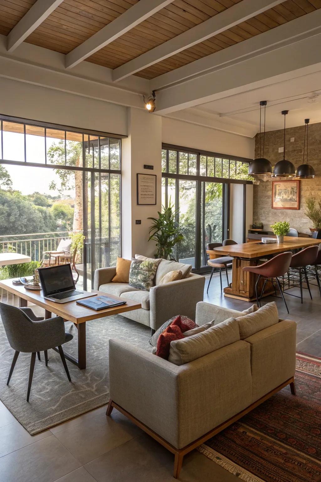 Distinct zones in an open-plan room for various activities.