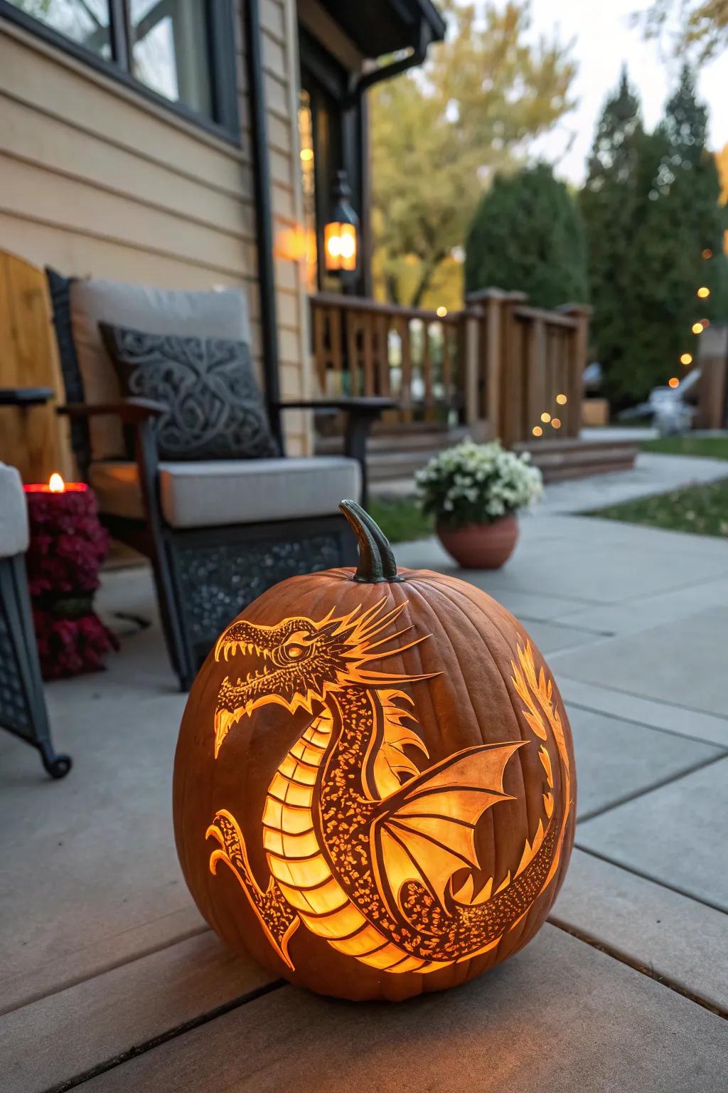 A fabled dragon carved into a pumpkin, infusing a fantastical allure.