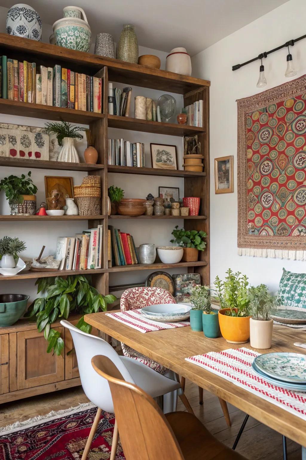 An eclectic mix of styles on dining room shelves for a unique touch.