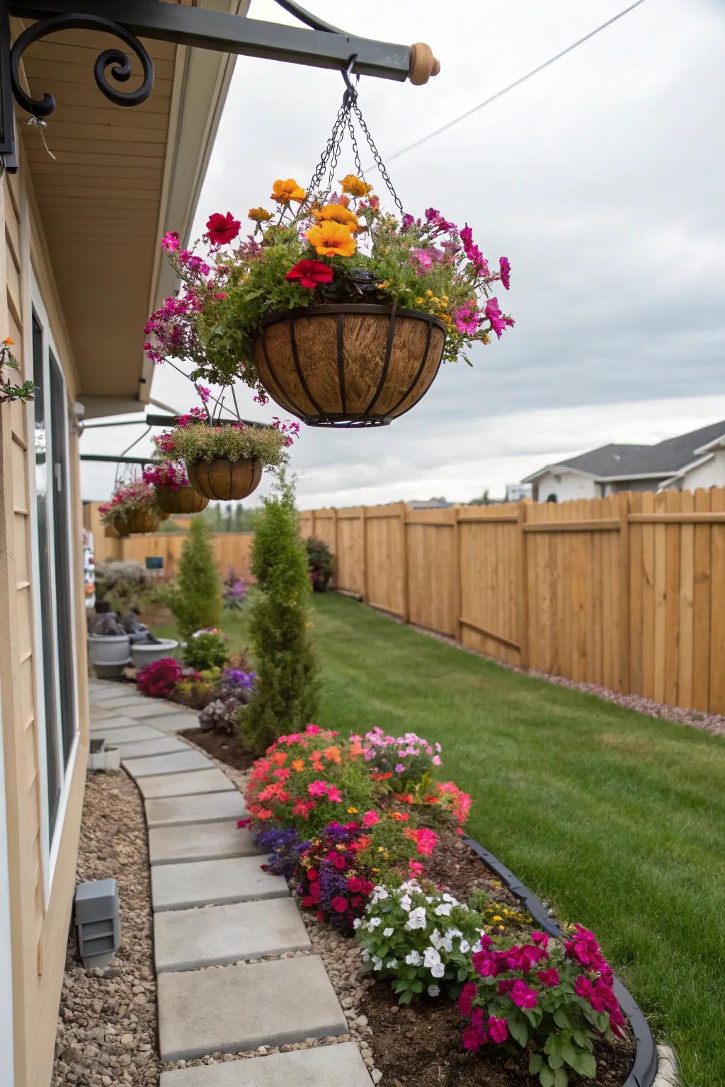 Suspended planters add vertical interest to your patio.