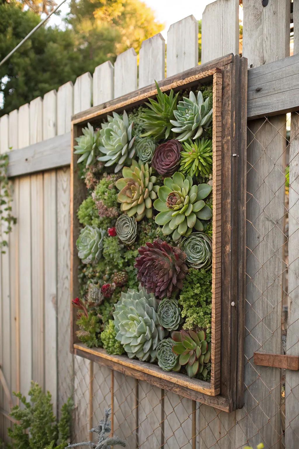 Living wall art transforms a fence into a unique, eye-catching feature.