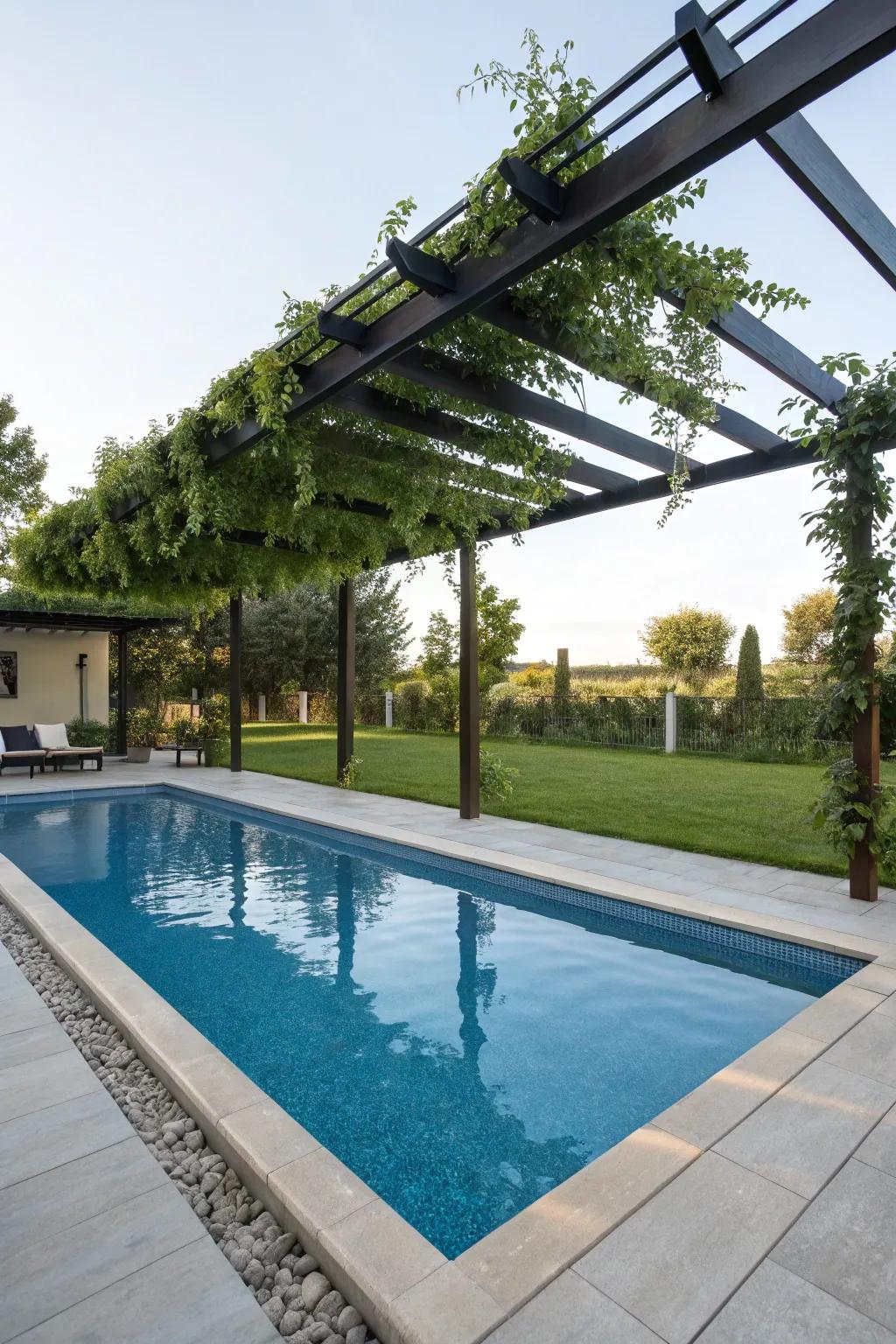 A contemporary pavilion supplies sun protection and a chic central point.