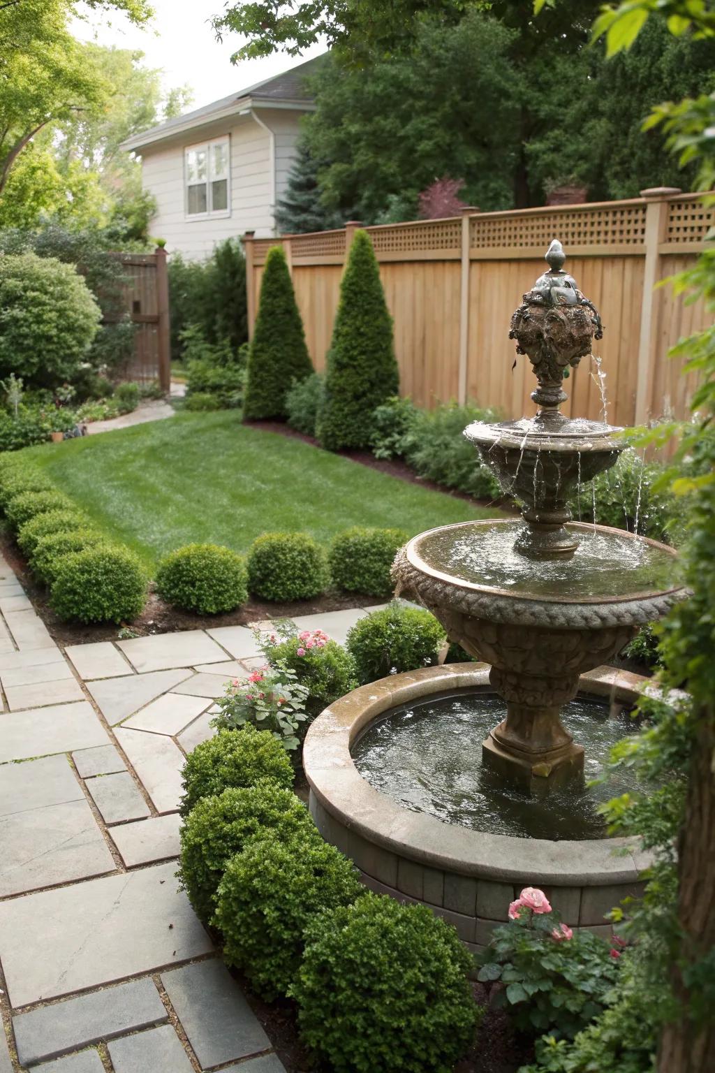 A water feature brings soothing sounds and a touch of elegance to the side yard.