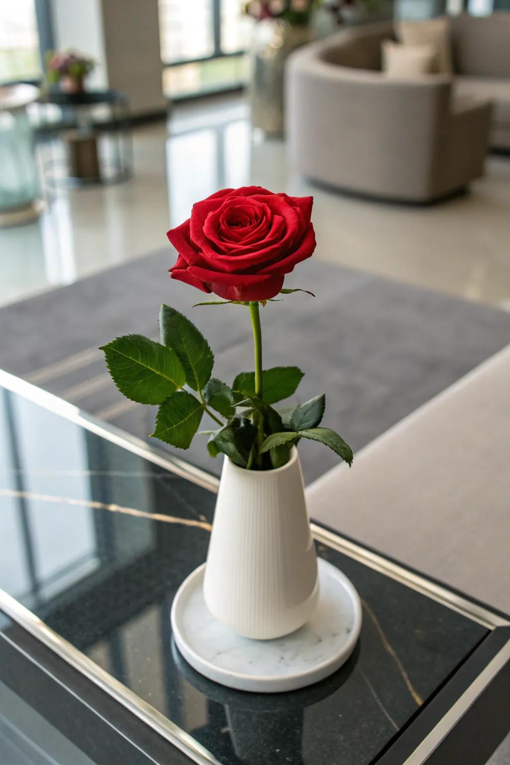 Selecting a ceramic container adds refinement to a singular rose arrangement.