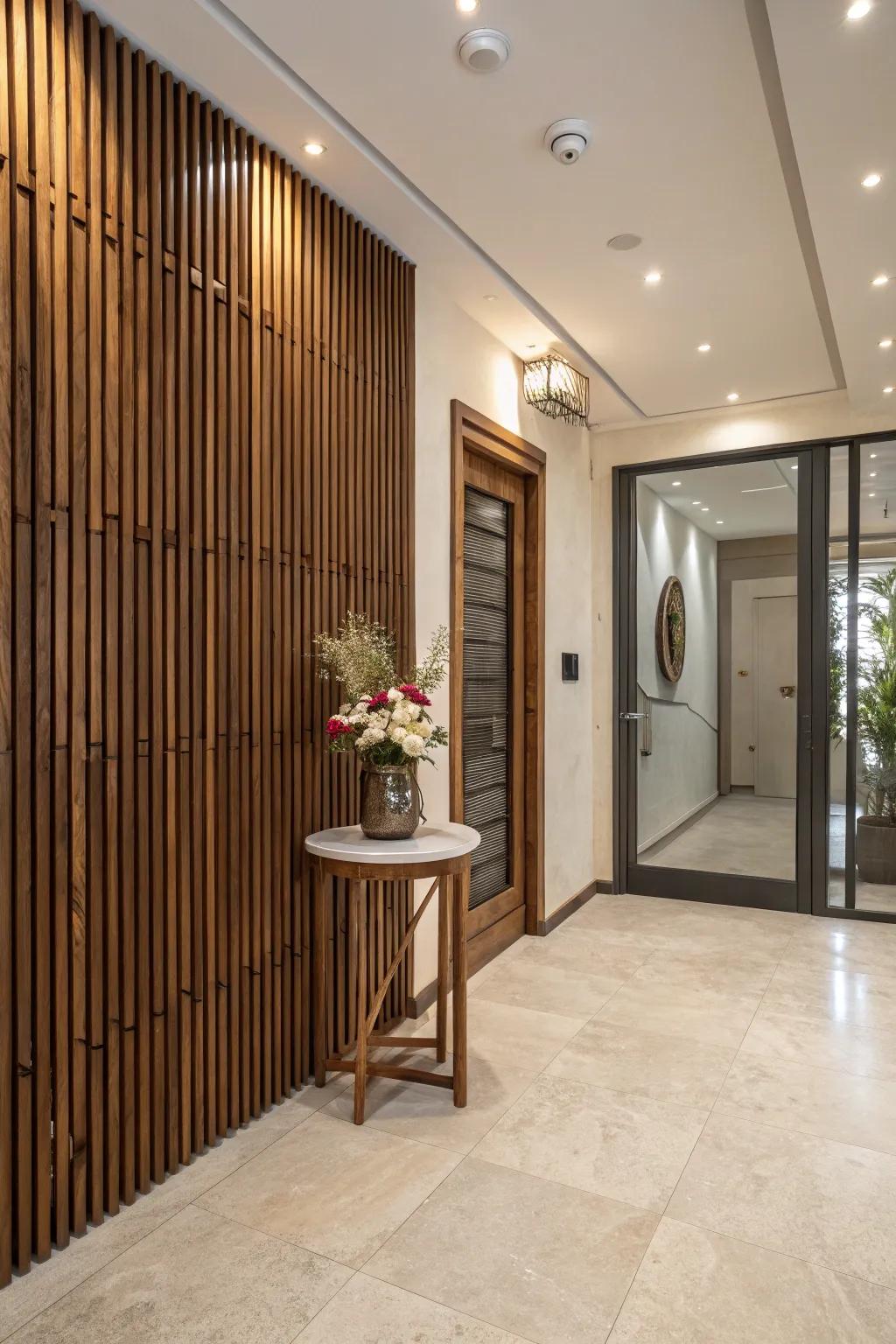An entryway highlighting a polished wood slat accent, creating a positive initial impact.
