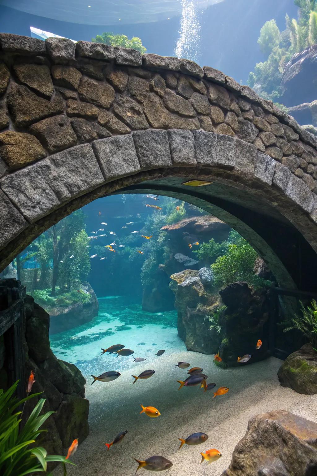A charming slate bridge in a home aquarium.