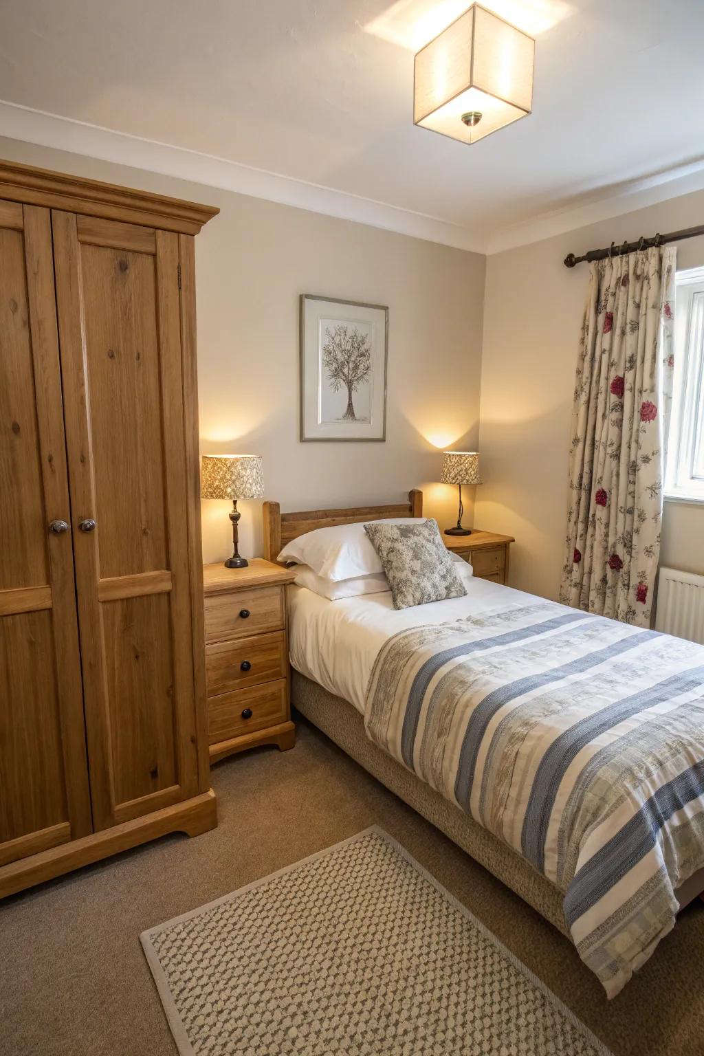 A small bedroom showcasing furniture of proportionate sizes for a balanced, harmonious look.