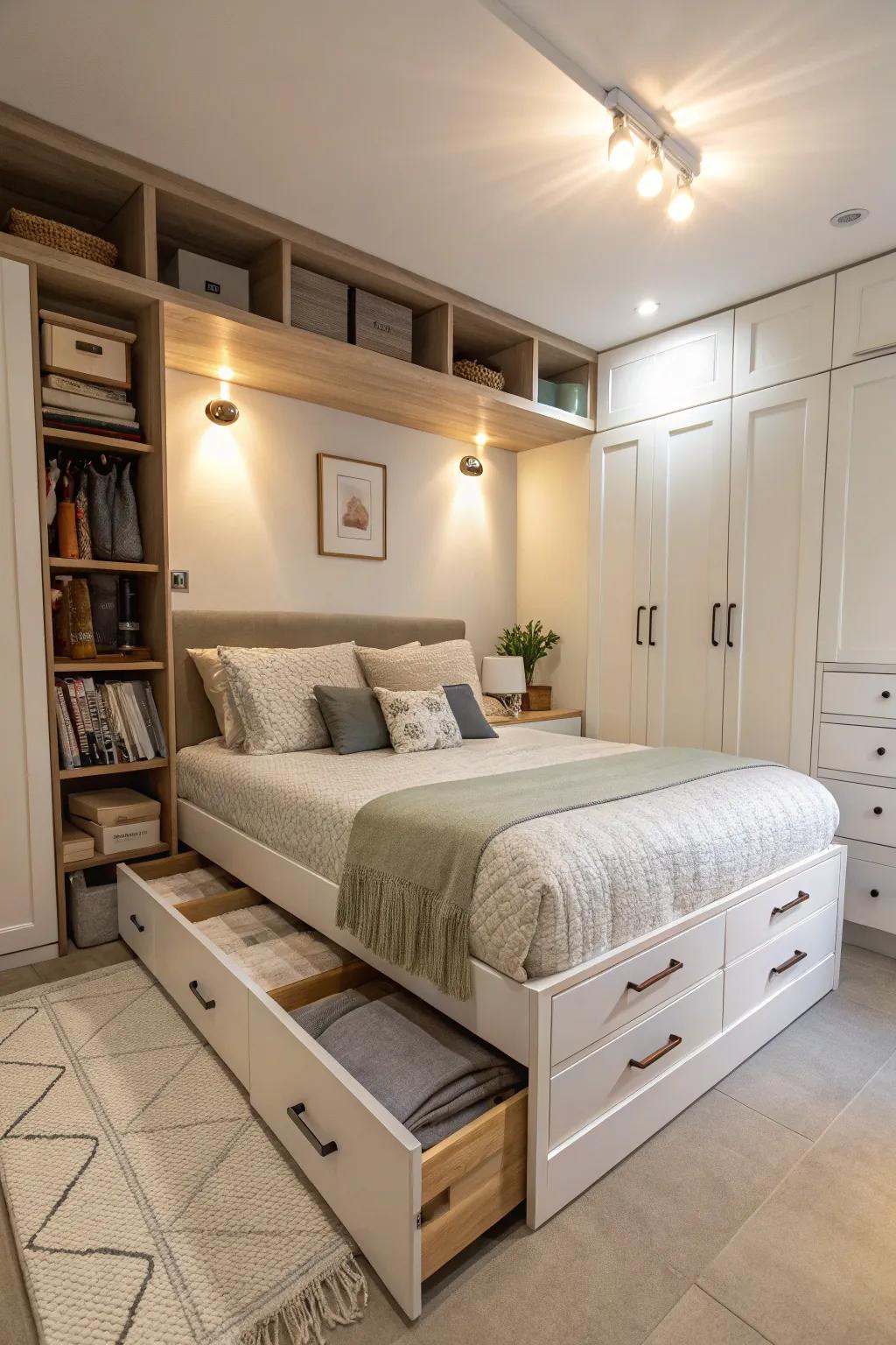 Versatile furnishings elevate utility within a compact primary bedroom.
