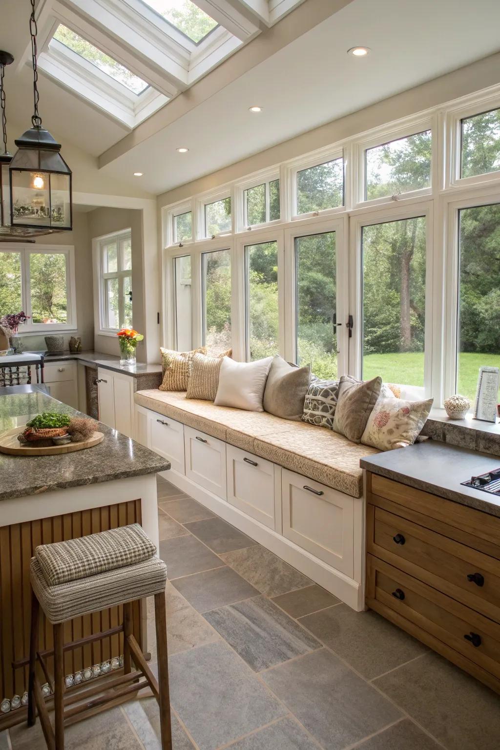Integrated seating optimizes space and comfort.