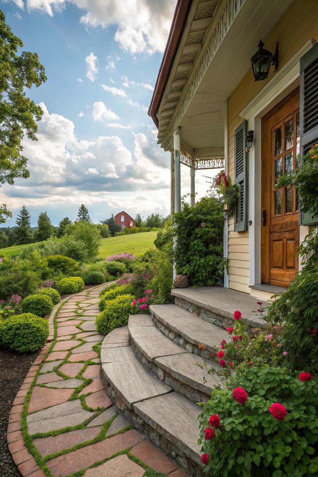 Winding stone steps create a whimsical entrance.