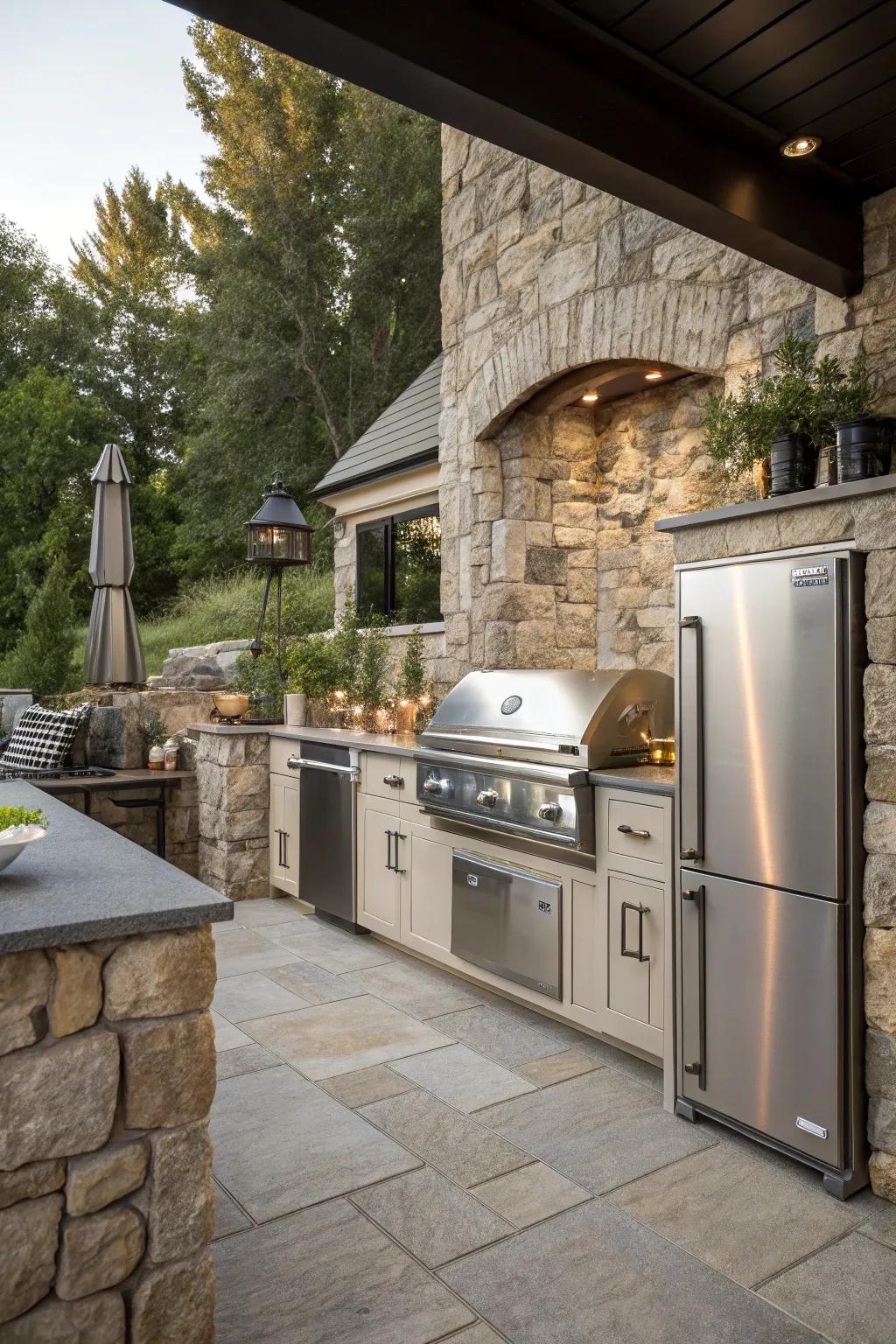 An outdoor kitchen enhanced by the elegance of a rock wall.