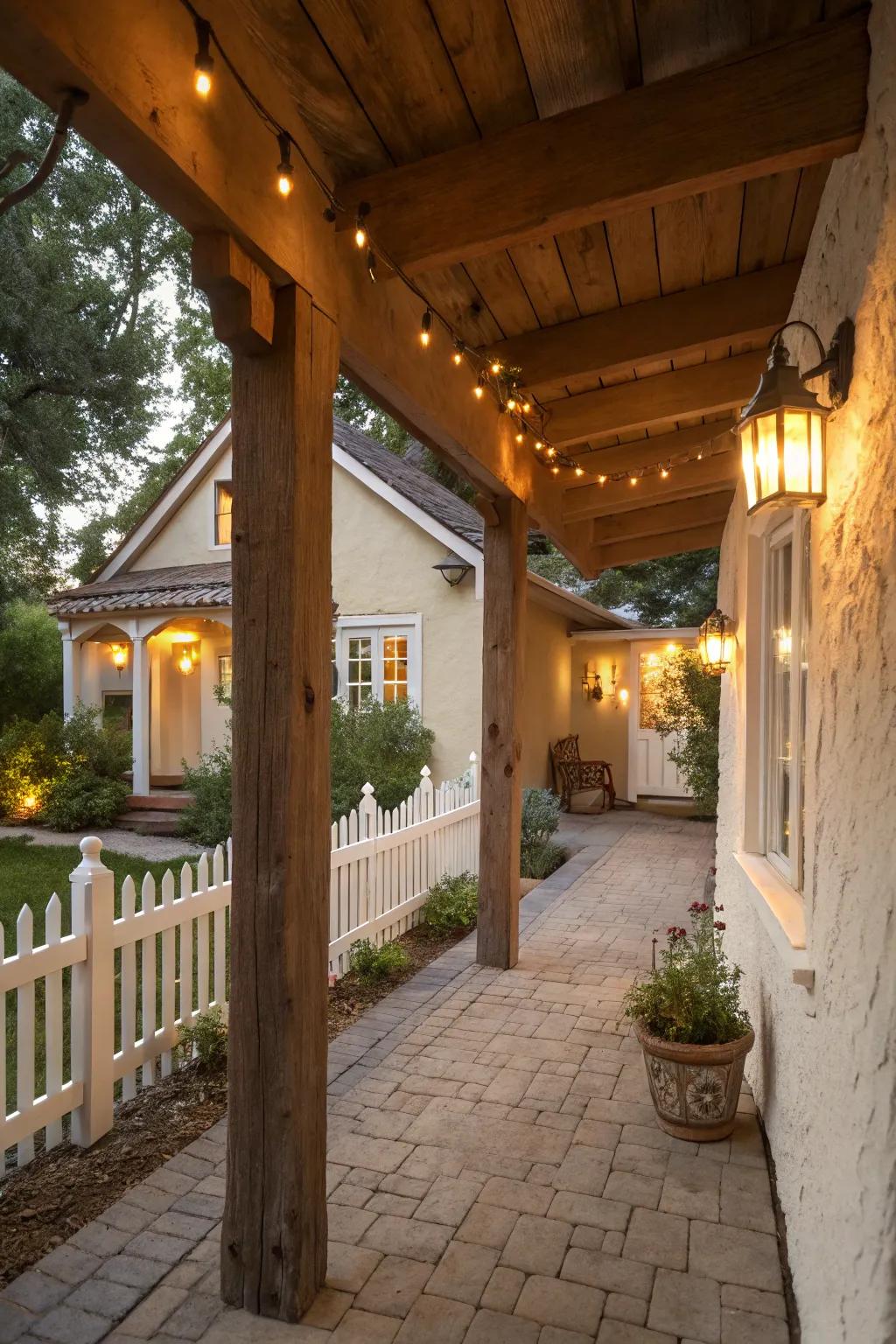Unrefined wood supports enhance this stucco porch with warmth.