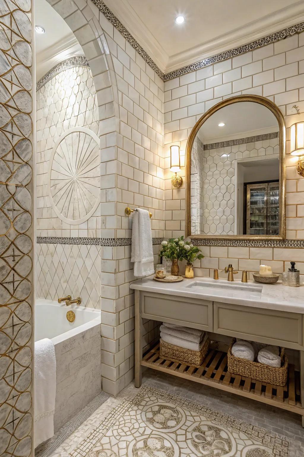 A singular texture and character are imparted onto this bathroom via artisan-style claddings.