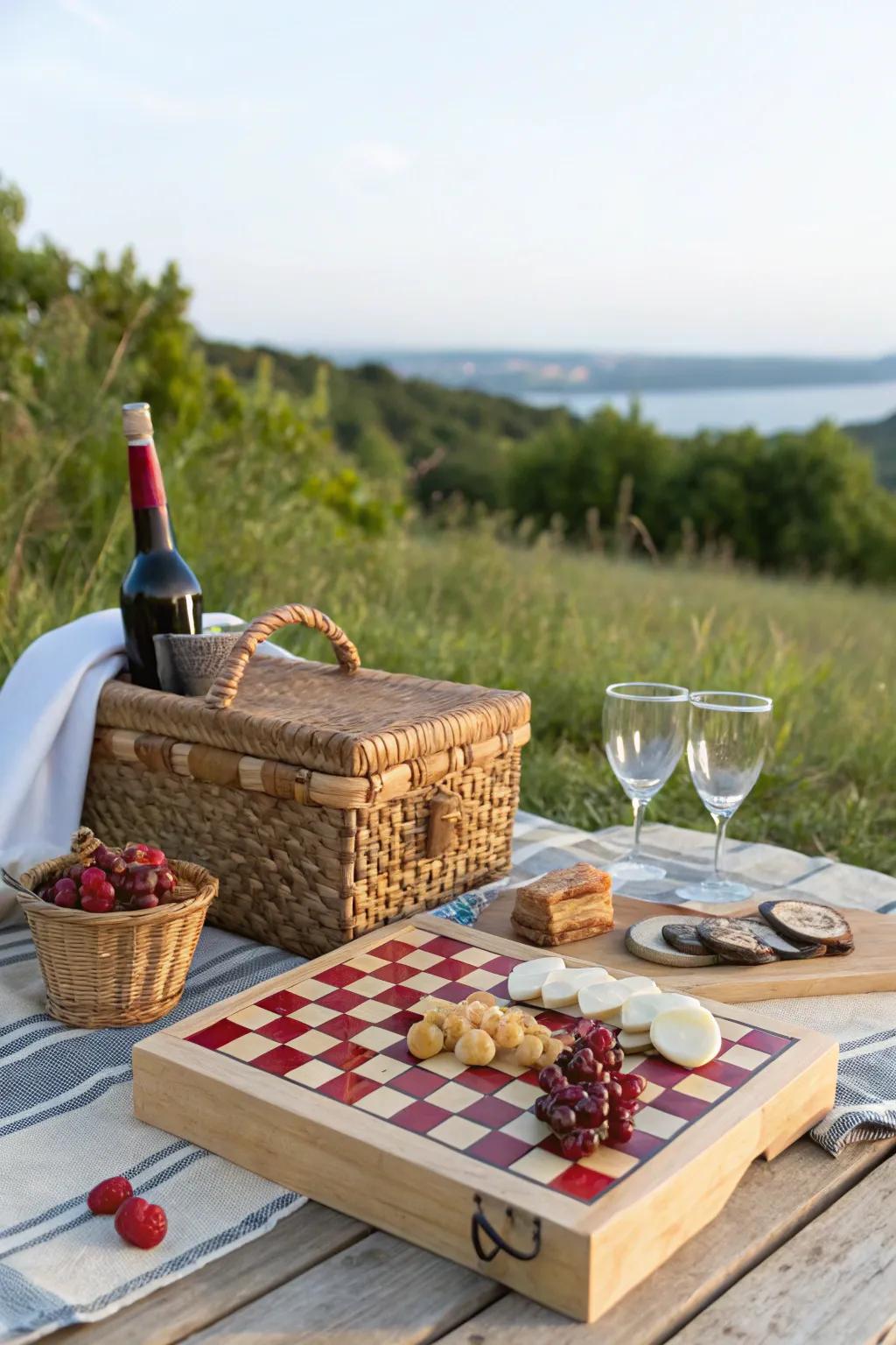 A picnic-themed board with checkered patterns and essential picnic items.