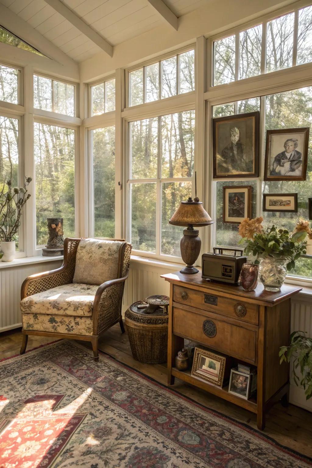 Classic decor adds a nostalgic touch to this sunroom.