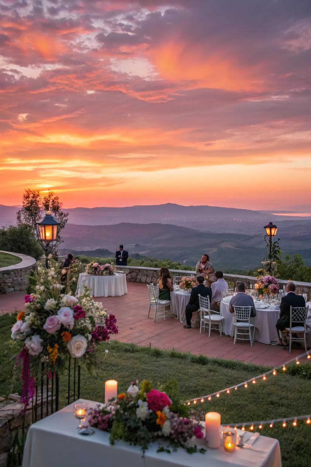 An open air reception with stunning sundown scenery.