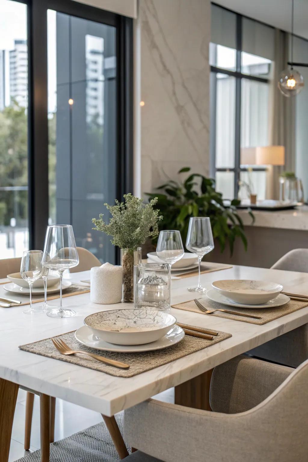 A minimalist table arrangement utilizing a muted color palette.