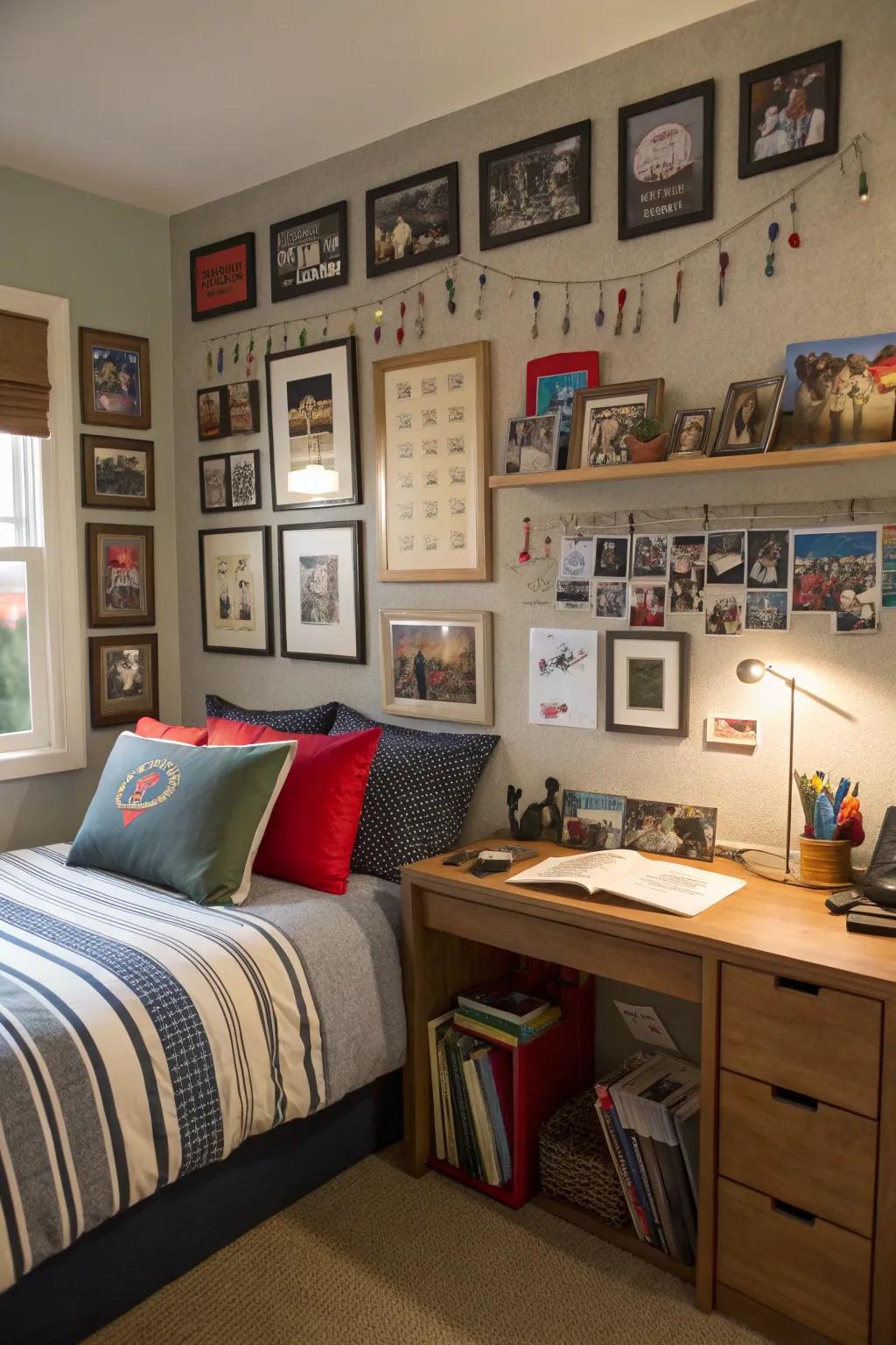 A display wall personalizes the room with memories and achievements.