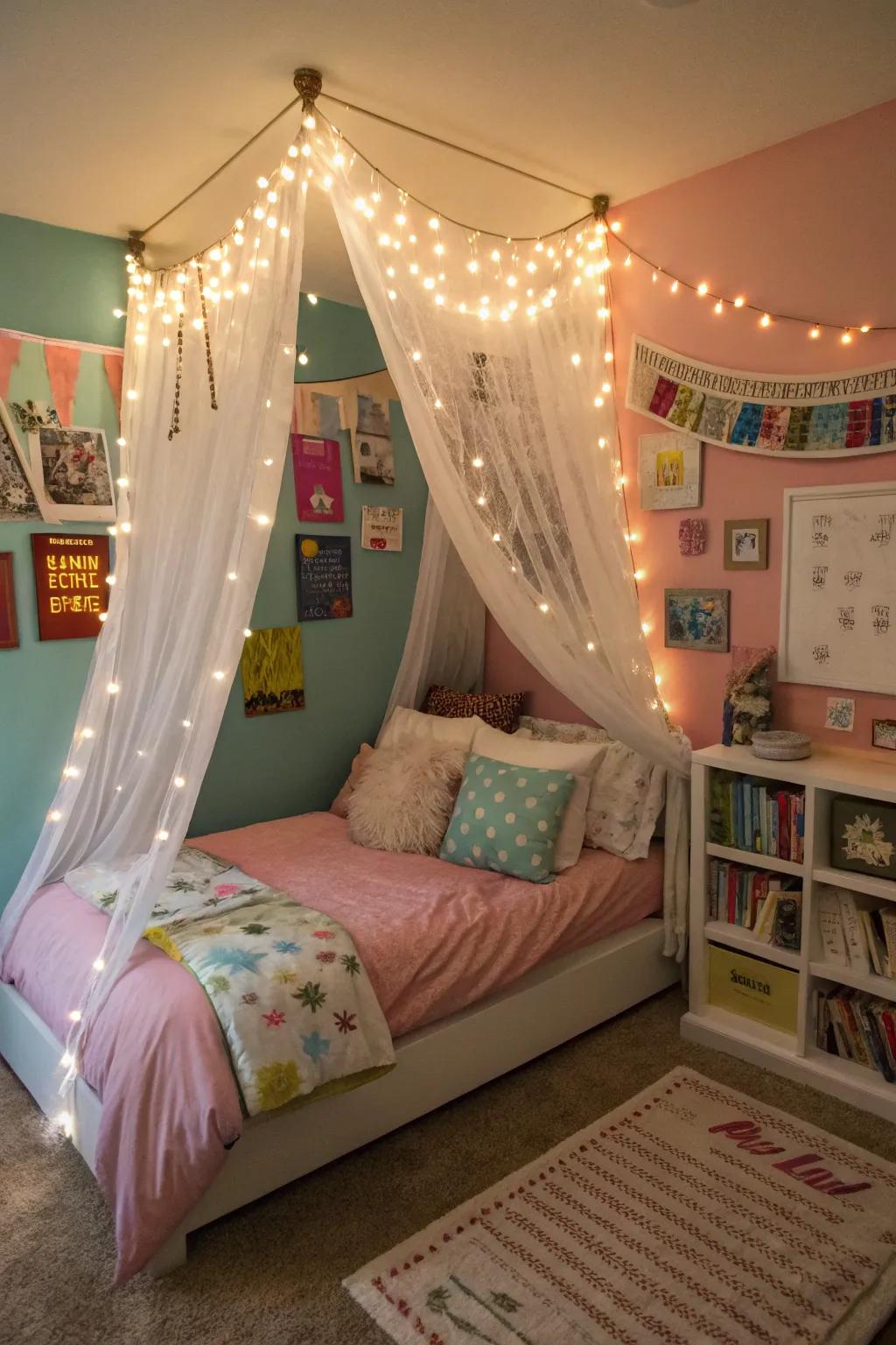 A whimsical bed canopy adds a touch of magic to a teen girl's room.