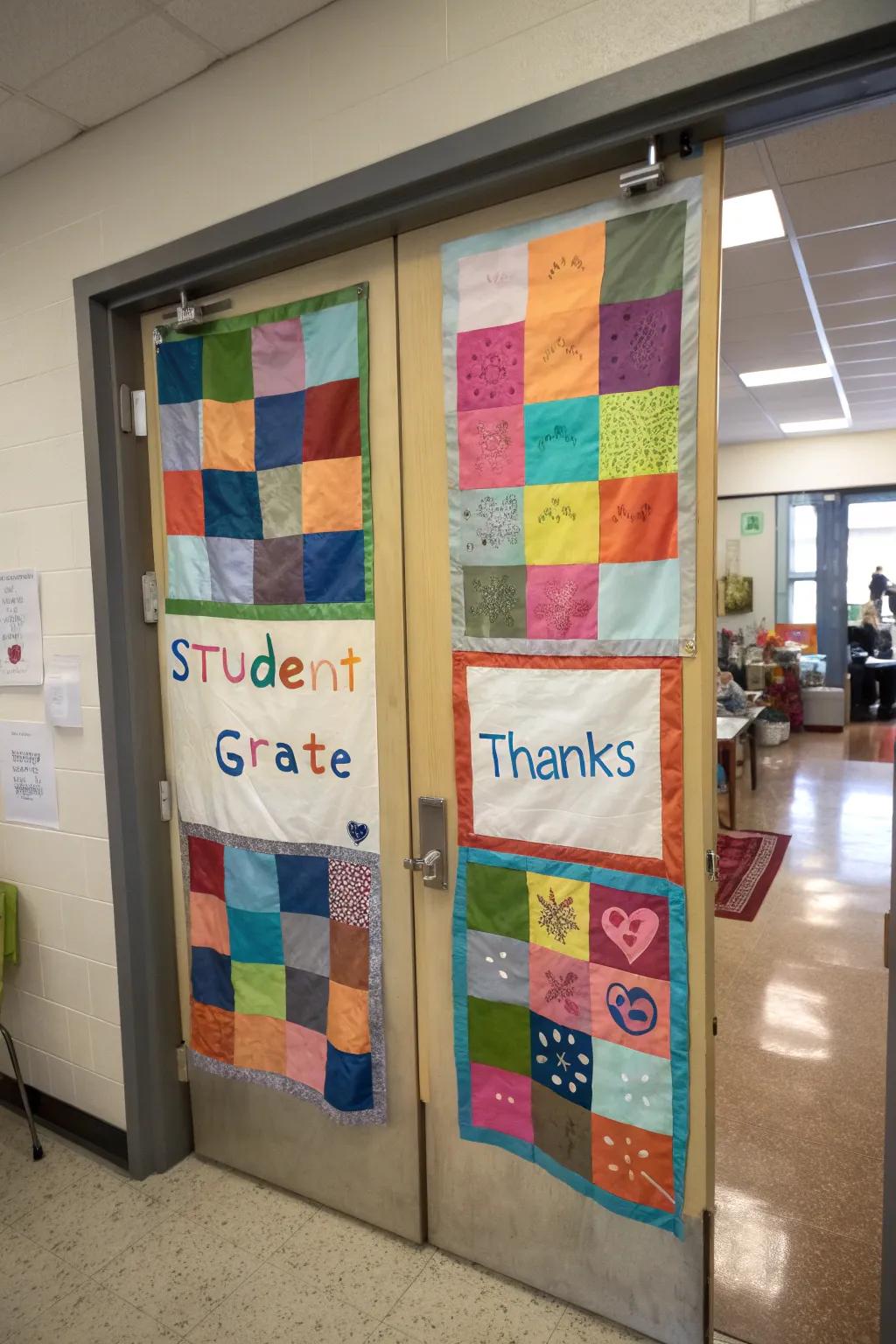 A quilt-inspired door display, flaunting a patchwork of gratitude.