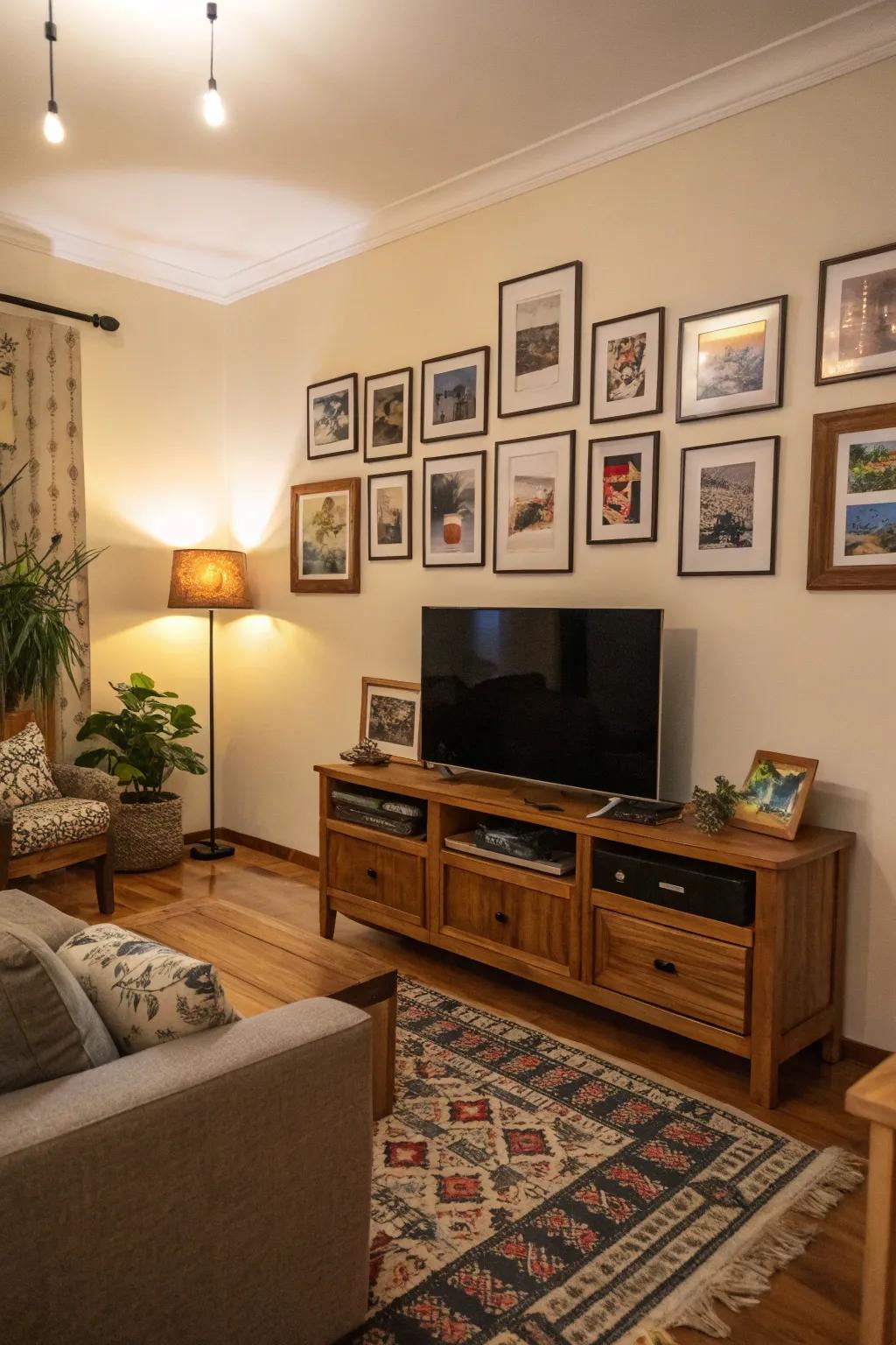 A TV wall surrounded by a personalized display of photos.