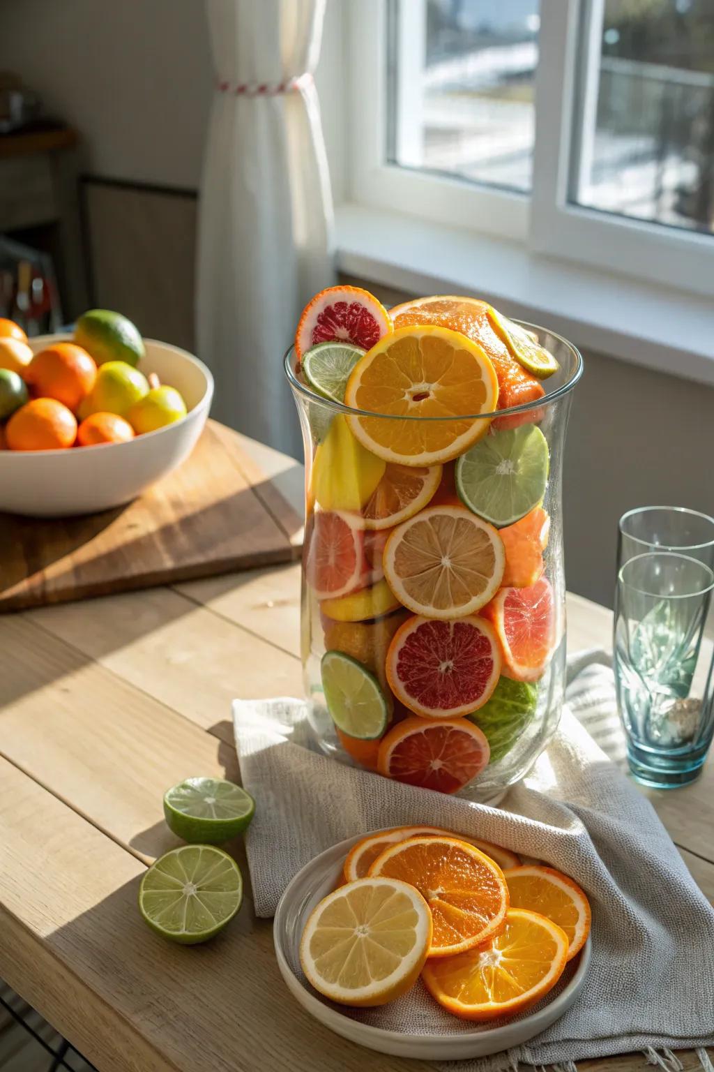 Brighten up your area with fresh sectioned fruits.